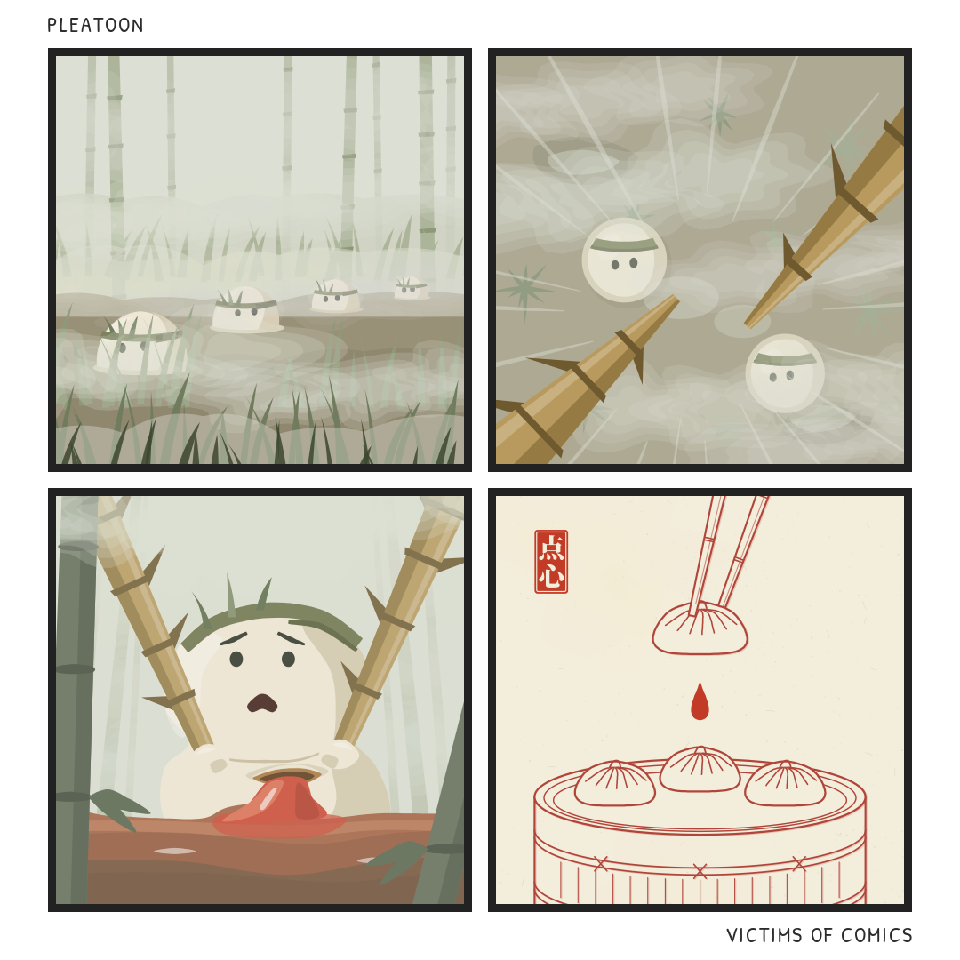 Four-panel wordless comic. 1: A foggy bamboo swamp. Four small white domes with olive helmet bands, sprigs of grass tucked in, peer out of the murky water and reeds, fading into the mist. 2: Seen from above through smoke, two white domes with helmet bands stare up in fear as two giant spiked bamboo poles drive down past them. 3: Low angle, looking up. One white dome, helmet band on its crown, is gripped at the waist by the two bamboo poles, which rise like arms towards the sky. It looks up with raised brows and an open mouth as bright red liquid pours from a tear in its middle into a muddy pool. 4: A cream retro print drawn in red line, with a small red seal reading 点心 (dim sum) in the top-left corner. A pair of chopsticks lifts a soup dumpling above a bamboo steamer holding three more. A single red drop falls from it, in the centre of the frame.