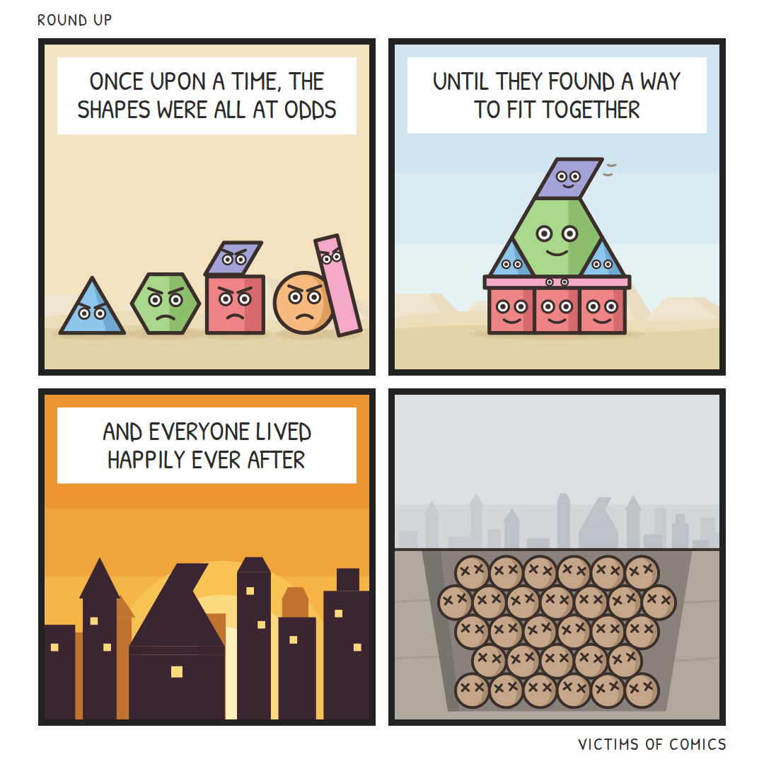 Four-panel comic. 1: Six angry shapes scowl at each other on sand. Caption: "Once upon a time, the shapes were all at odds." 2: The same shapes stacked into a smiling house. Caption: "Until they found a way to fit together." 3: A skyline of dark buildings against an orange sunset. Caption: "And everyone lived happily ever after." 4: Below a grey city skyline, an open pit packed with rows of tan circles, each with X eyes.